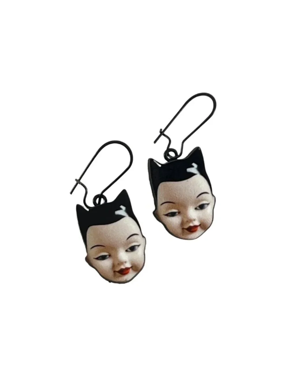 Vintage Style Earrings Doll Face with Black Cat Ears – Black Kidney Ear Wires